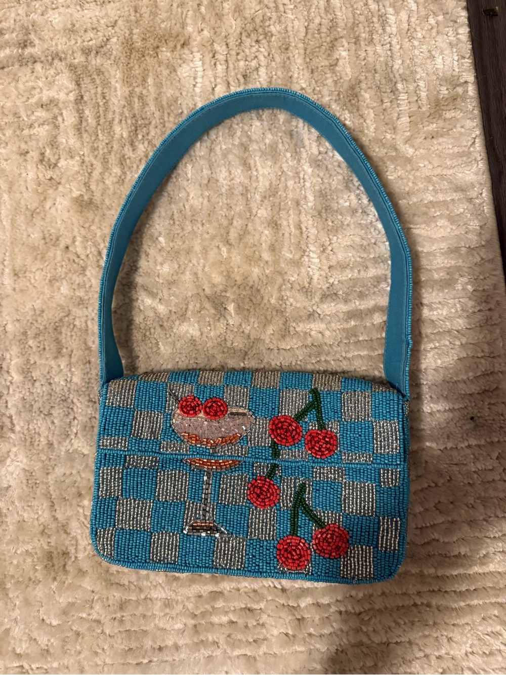 Anthropologie Turquoise Beaded Cherry Cocktail Shoulder Bag